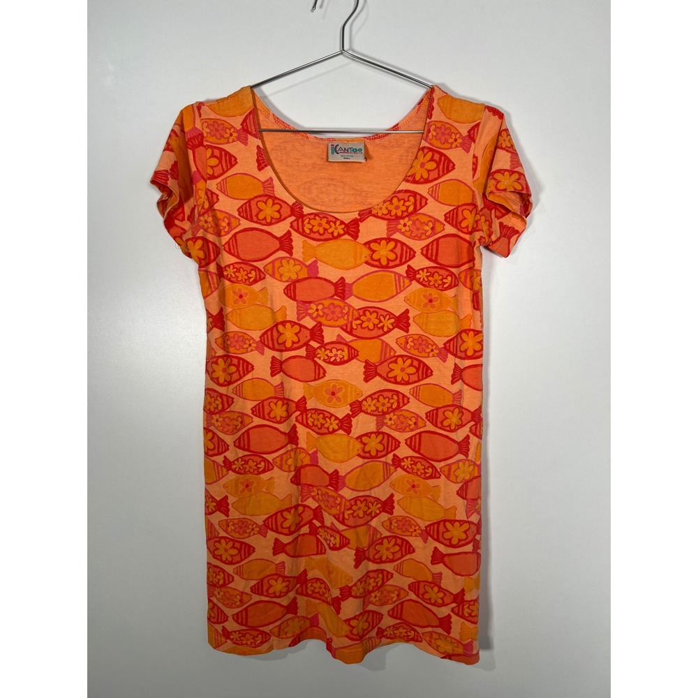 Vintage Maximalist Colorful Orange Fish Print Cotton T-Shirt Dress Retro Beach S